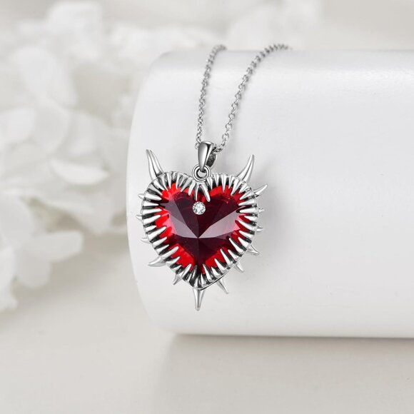 Gothic Sterling Silver Heart Necklace with Red Crystal & Spikes - Unisex - Picture 2 of 6